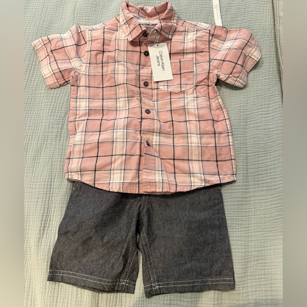 Calvin Klein Jeans 2 Piece Set Pink Plaid Kids Button Down Shirt and Shorts